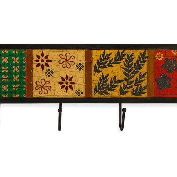 Pier 1 Hand Painted Wall Hook Rack 4 Hooks Boho Wood Entryway Coat Decor-I010 - Picture 1 of 5